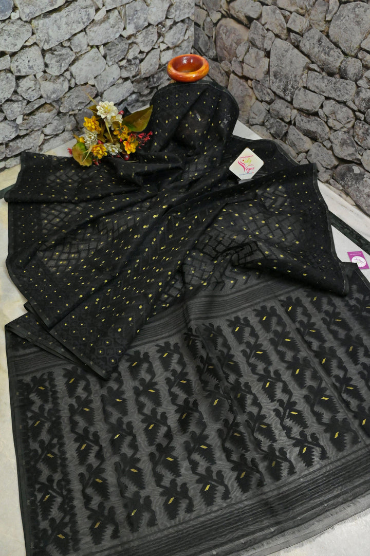 Deep Black Color Jamdani Saree with Embroidered Blouse Piece