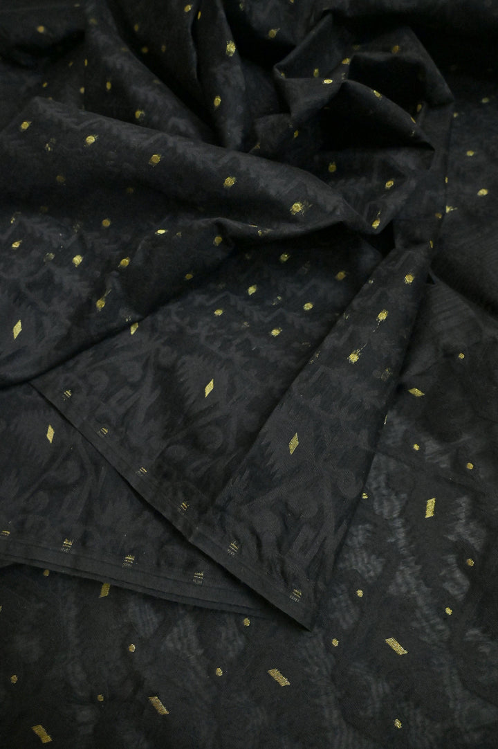 Deep Black Color Jamdani Saree with Gujrati Stitched Blouse Piece