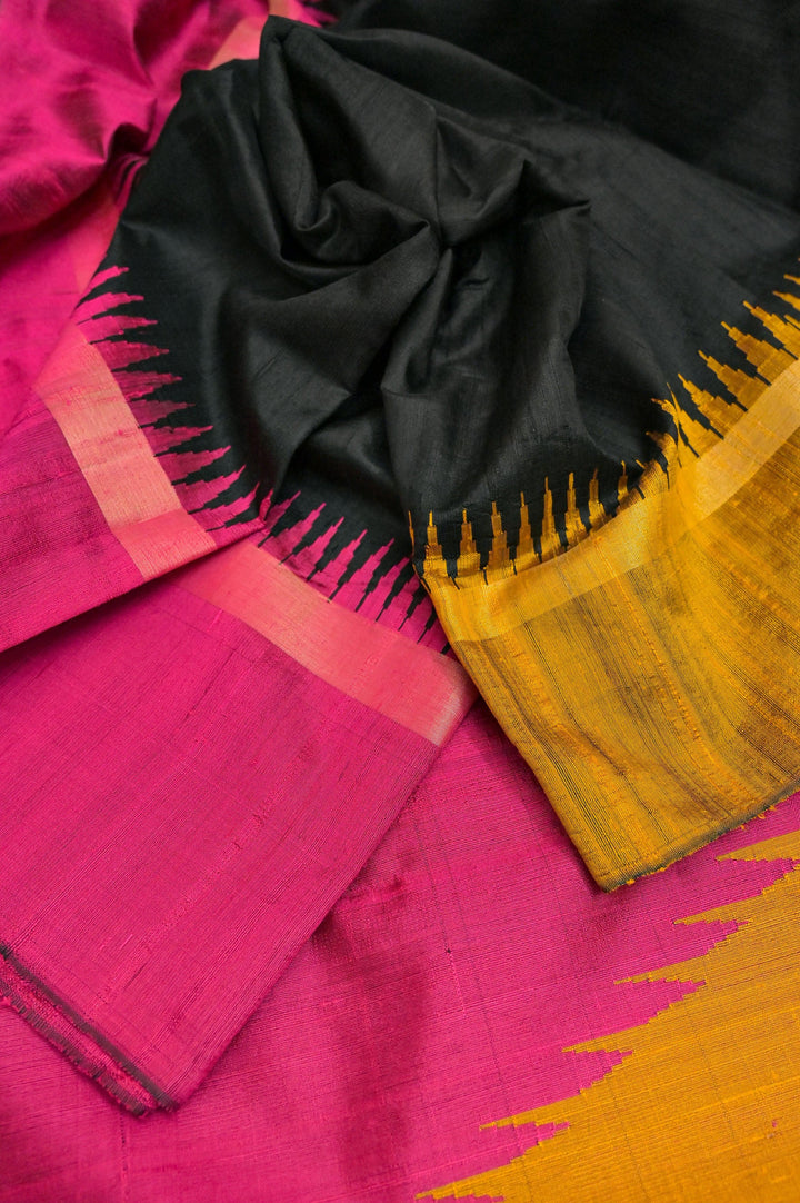 Deep Black Color Raw Silk Saree with Ganga Jamuna Border