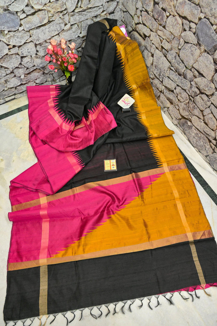 Deep Black Color Raw Silk Saree with Ganga Jamuna Border