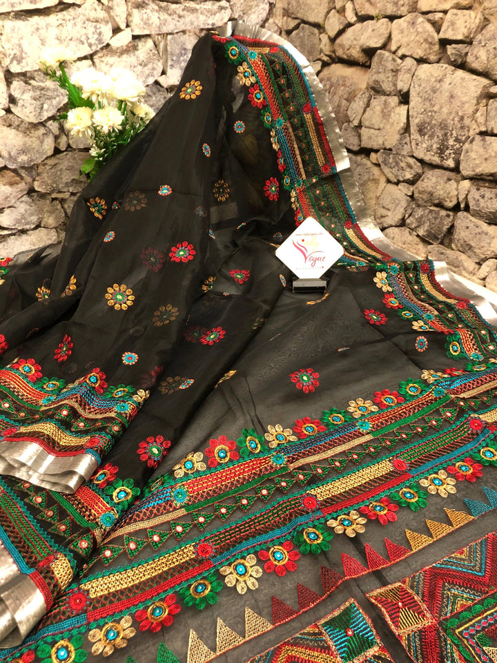 Deep Black Color Resham Handloom Saree with Lambani Embroidery