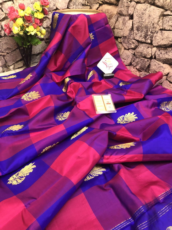Deep Blue and Magenta Color Kanjeevaram Silk Saree with Checks