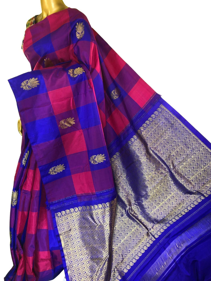 Deep Blue and Magenta Color Kanjeevaram Silk Saree with Checks