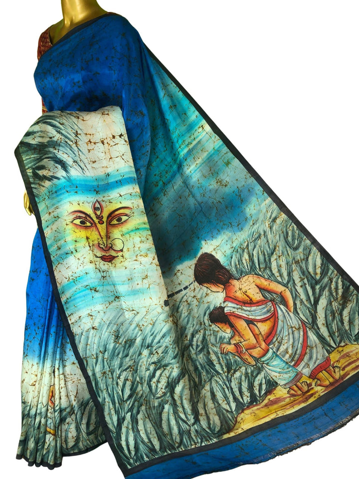 Deep Blue Color Pure Bishnupur Katan Silk with Hand Paint and Wax Batik Work