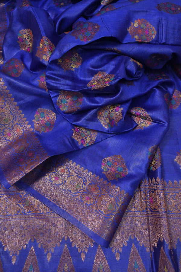 Deep Blue Color Pure Muga Silk Saree with Antique Zari Work and Meenakari Buti Pallu and Border
