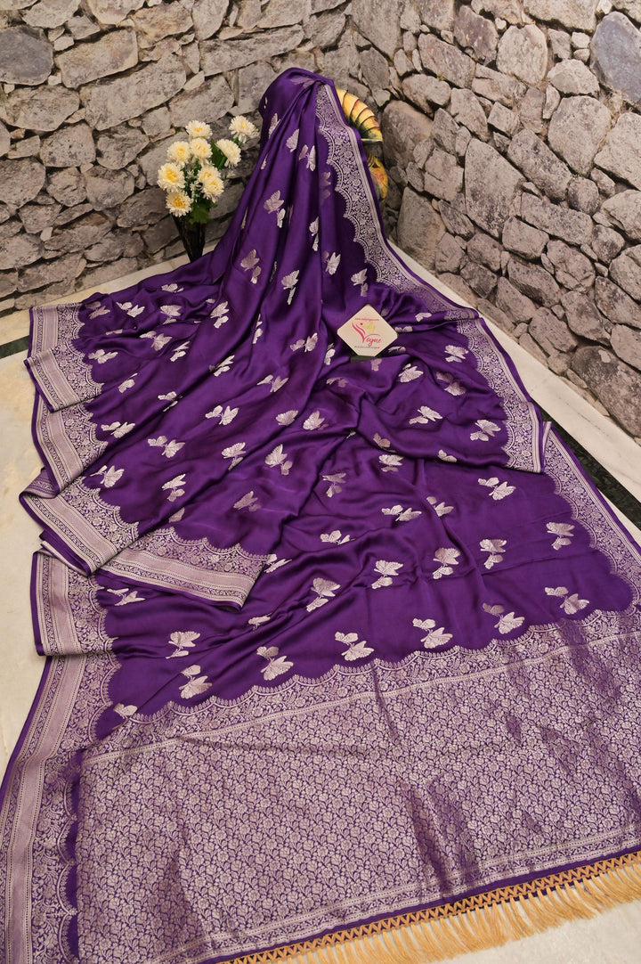 Deep Brinjal Color Satin Banarasi Silk Saree with Silver Zari Butterfly Motif Work