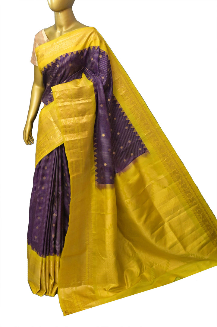 Deep Eggplant Color Gadwal Silk with Graph Checks and Golden Buttas