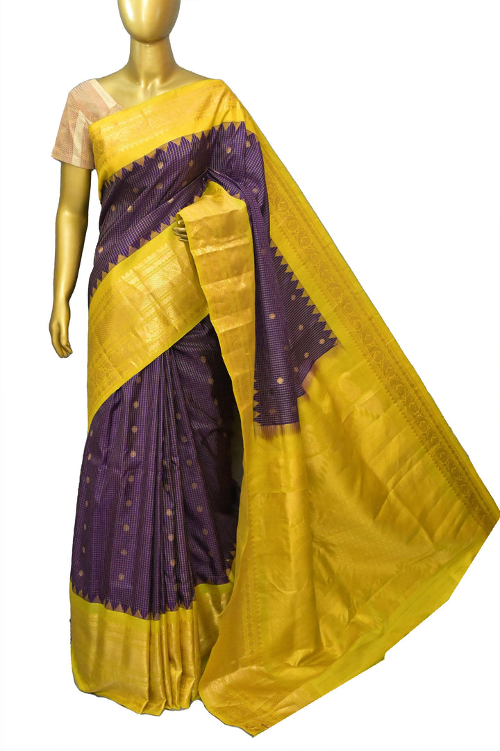 Deep Eggplant Color Gadwal Silk with Graph Checks and Golden Buttas