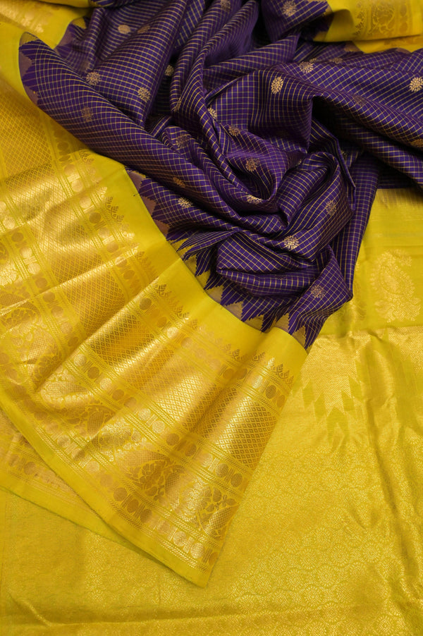 Deep Eggplant Color Gadwal Silk with Graph Checks and Golden Buttas