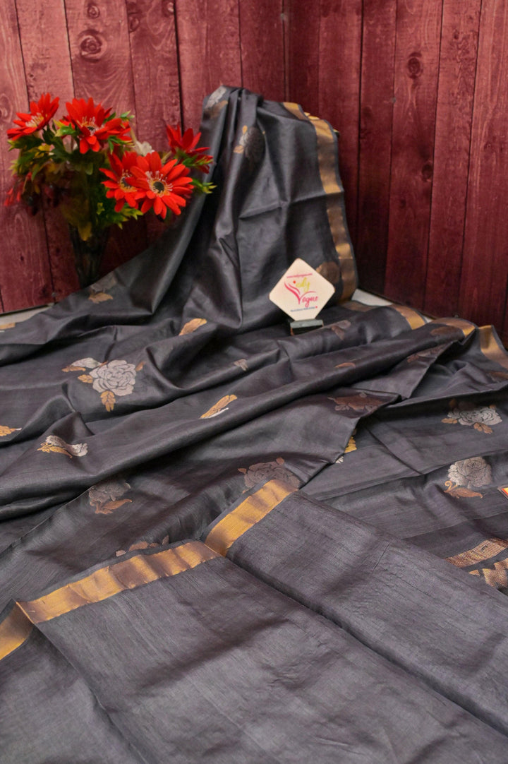 Deep Gray Color Pure Tussar Silk Saree with Meenakari Rose Zari Motif