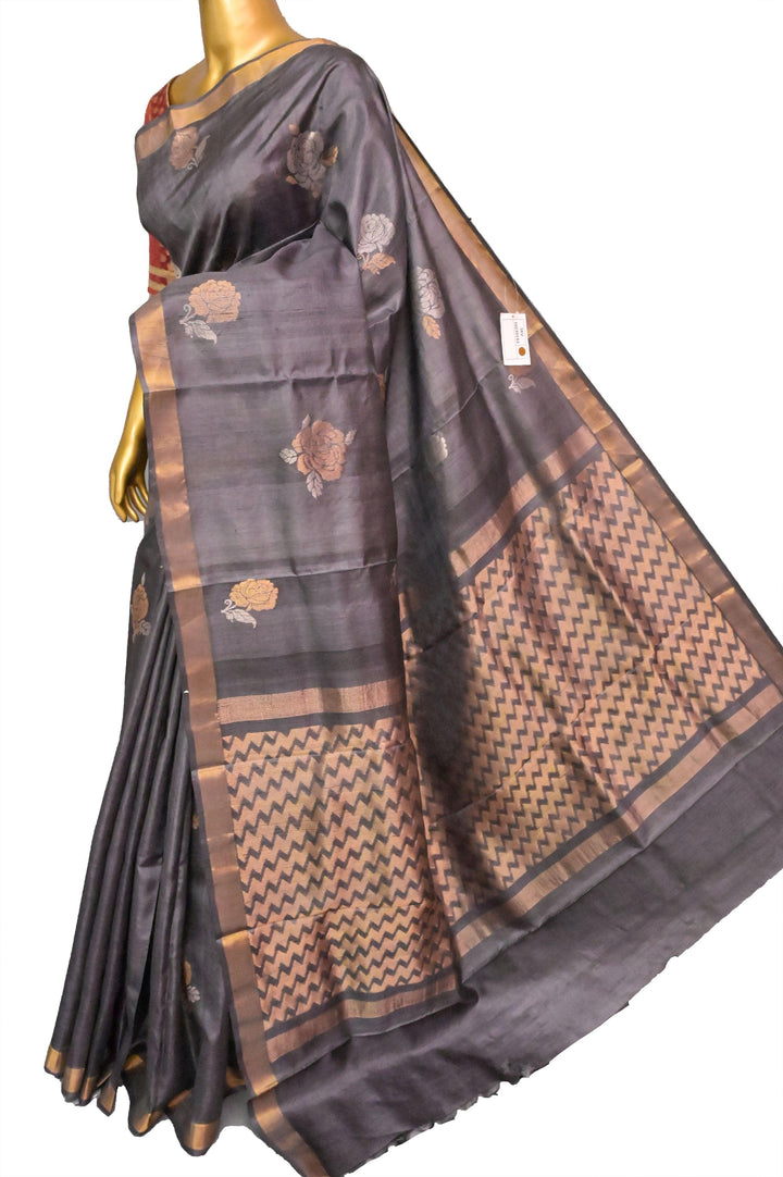 Deep Gray Color Pure Tussar Silk Saree with Meenakari Rose Zari Motif