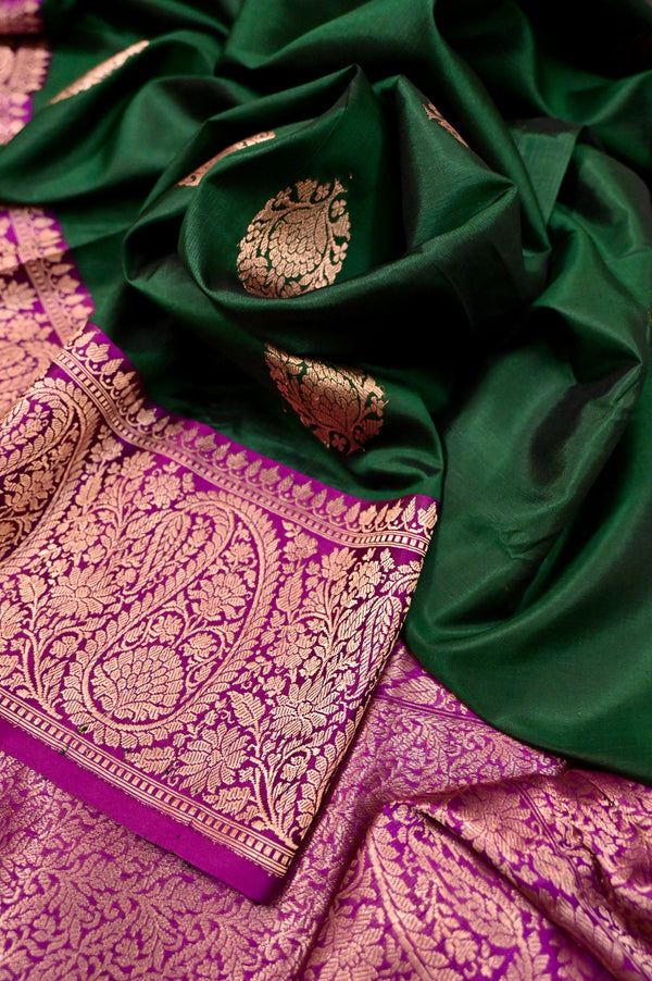 Deep Green and Magenta Color Katan Banarasi Silk Saree with Allover Buti Work