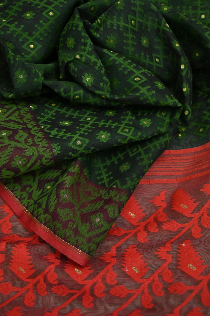 Deep Green and Red Color Jamdani Saree