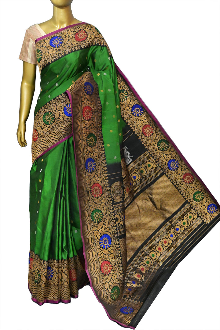 Deep Green Color Pure Gadwal Silk with Meenakari Pallu and Border