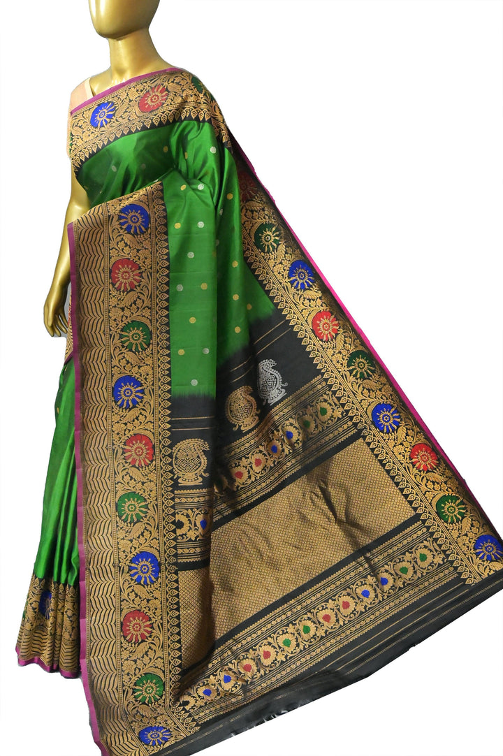 Deep Green Color Pure Gadwal Silk with Meenakari Pallu and Border