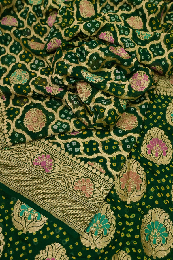 Deep Green Color Pure Georgette Banarasi Saree with Allover Rai Bandhani Work