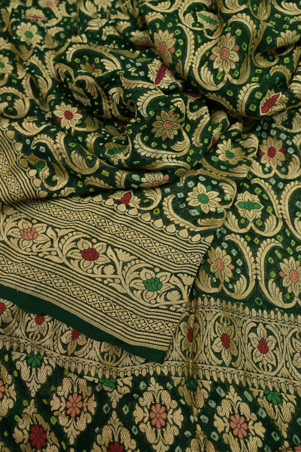 Deep Green Color Pure Georgette Banarasi Saree with Rai Bandhej Zari and Meenakari Work