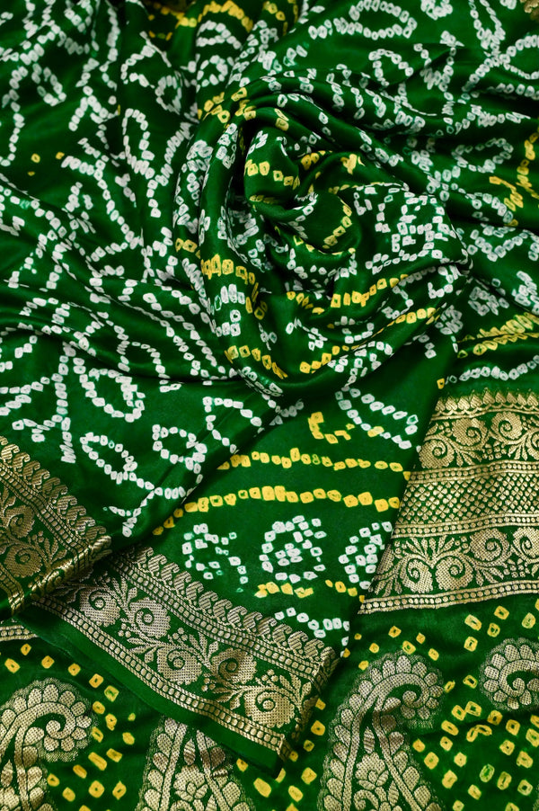 Deep Green Color Pure Ghazi Silk Saree with Rai Bandhani in Ras Mandal Pattern and Nakshi Border