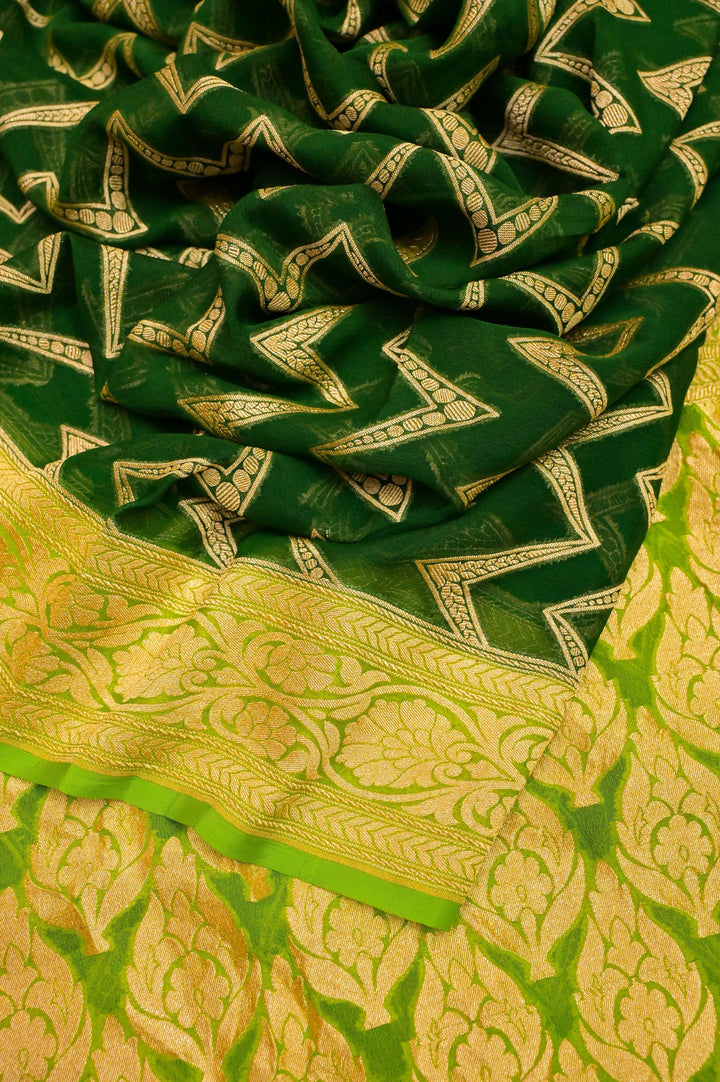 Deep Green Color Pure Khaddi Georgette Banarasi Saree with Allover Work