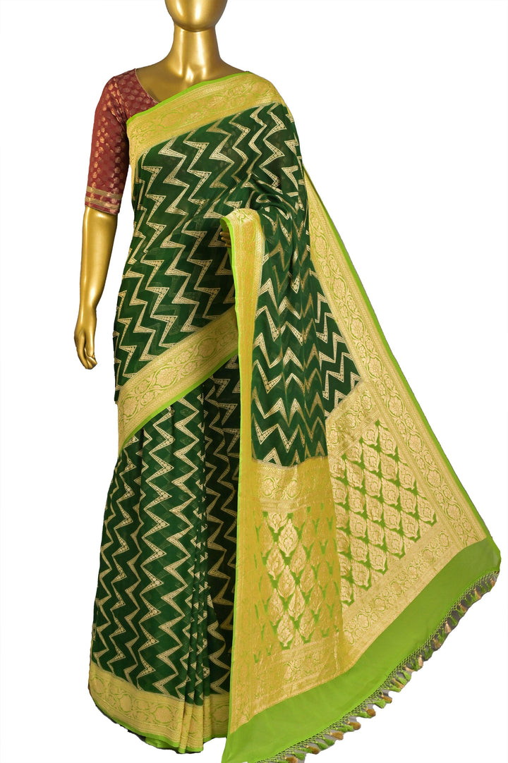 Deep Green Color Pure Khaddi Georgette Banarasi Saree with Allover Work