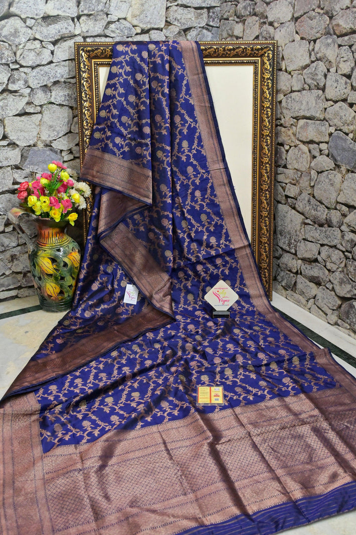 Deep Indigo Blue Color Katan Banarasi Saree with All Over Jaal Work