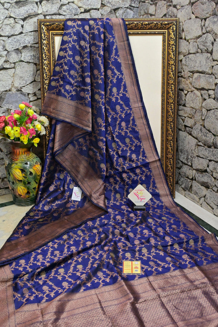 Deep Indigo Blue Color Katan Banarasi Saree with All Over Jaal Work