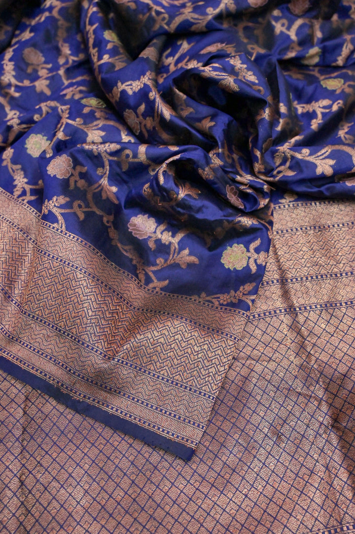 Deep Indigo Blue Color Katan Banarasi Saree with All Over Jaal Work