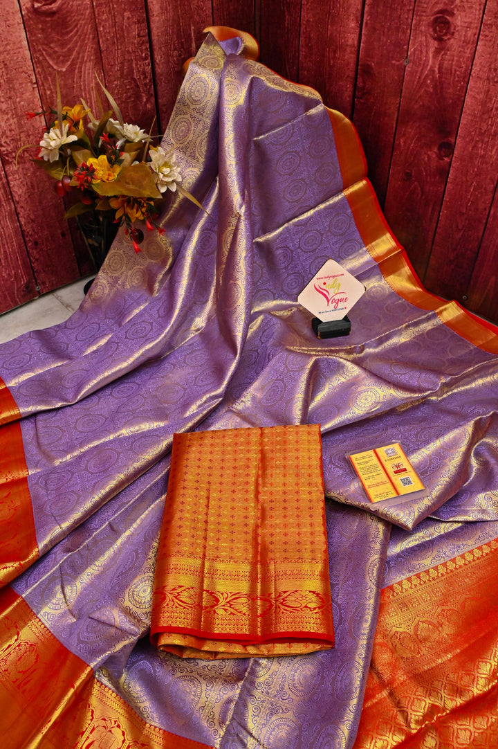 Deep Lavender Color Pure Brocade Kanjeevaram with Broad Golden Zari Border