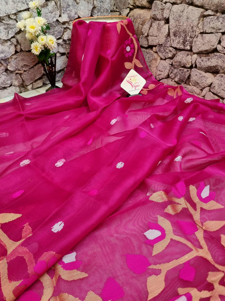 Deep Magenta Color Muslin Jamdani Saree with Banarasi Blouse Piece