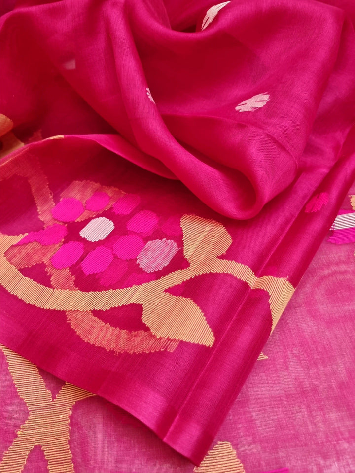 Deep Magenta Color Muslin Jamdani Saree with Banarasi Blouse Piece