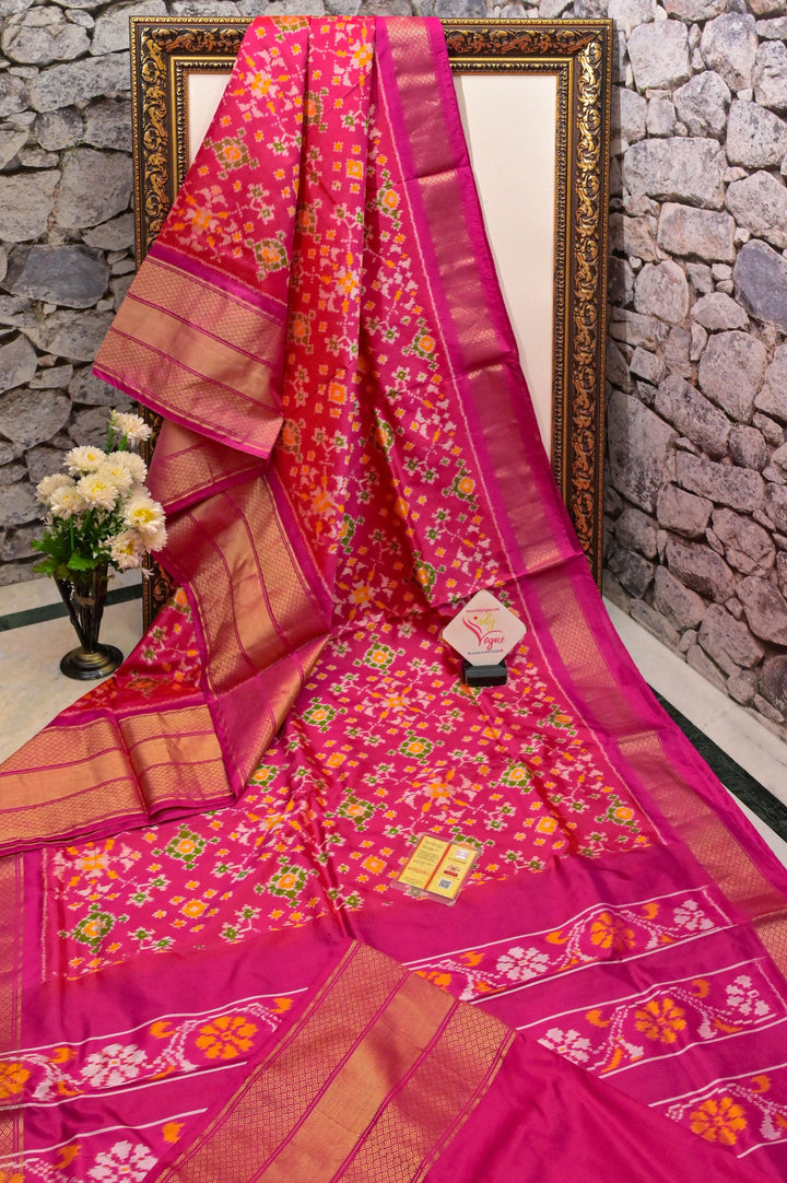 Deep Magenta Color Pure Ikat Silk Saree