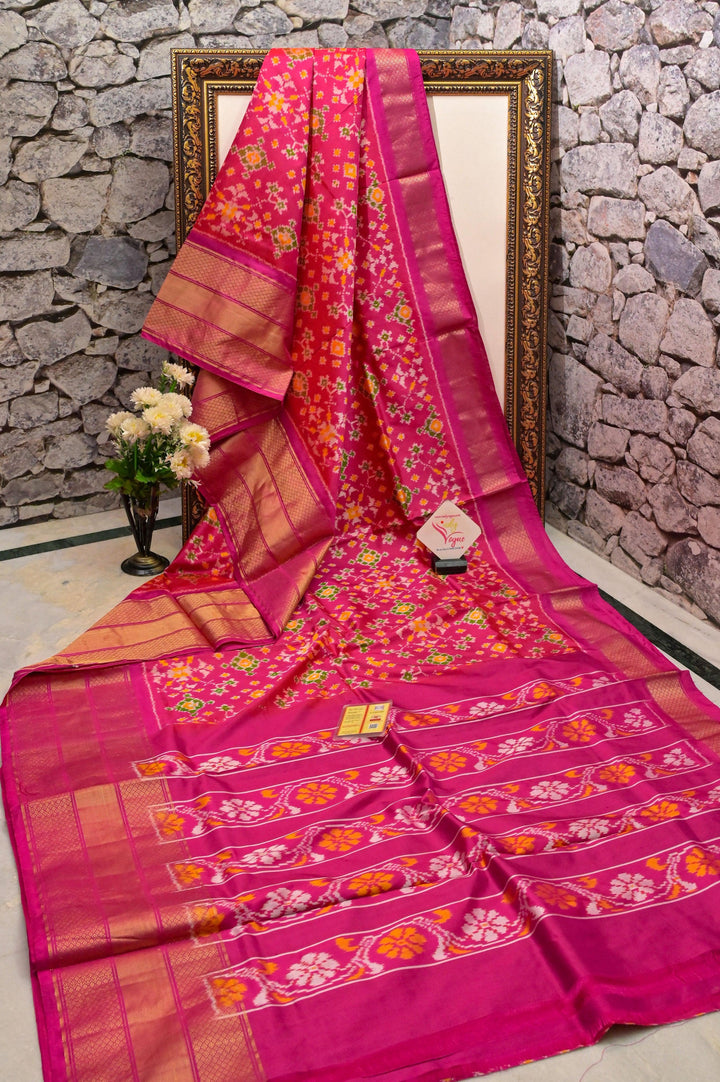 Deep Magenta Color Pure Ikat Silk Saree