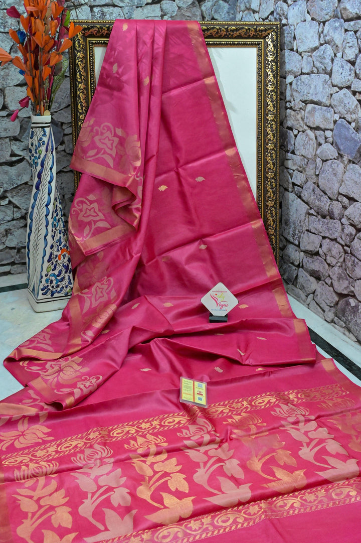 Deep Magenta Pink Color Pure Tussar Silk Saree with Lotus Border