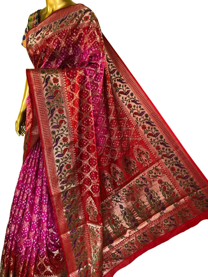 Deep Magenta & Red Color Dupion Silk with Paithani Design & Bandhani Work
