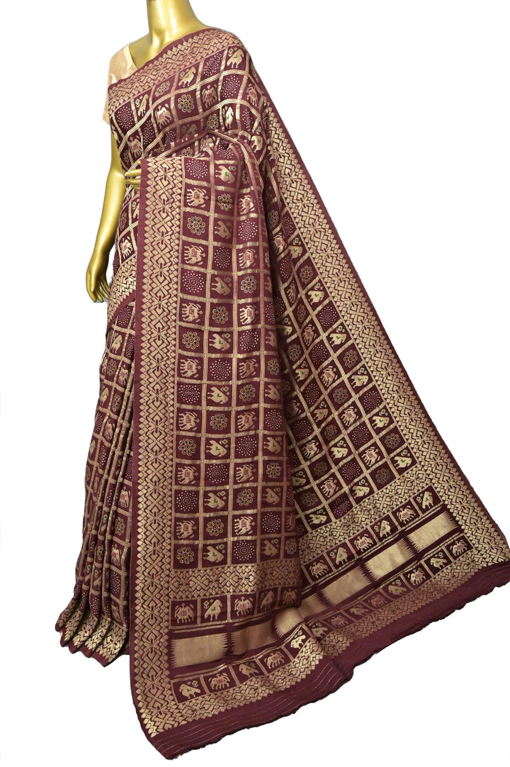 Deep Maroon Color Modal Silk Gharchola Saree with Ajrakh Print