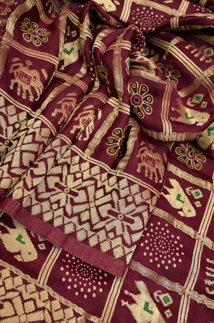 Deep Maroon Color Modal Silk Gharchola Saree with Ajrakh Print