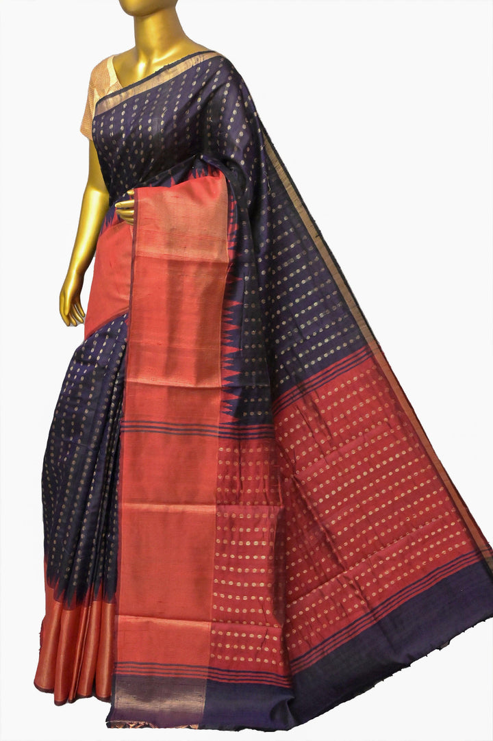 Deep Navy Blue and Red Raw Silk Saree with Zari Buti