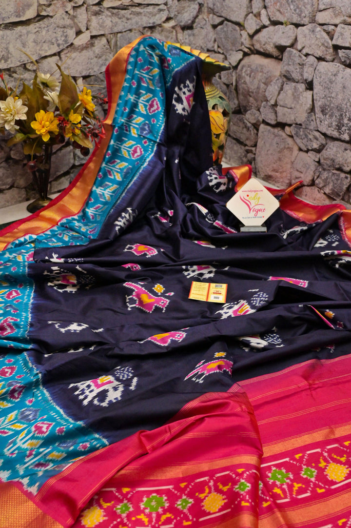 Deep Navy Blue Color Pure Ikat Patola Silk Saree