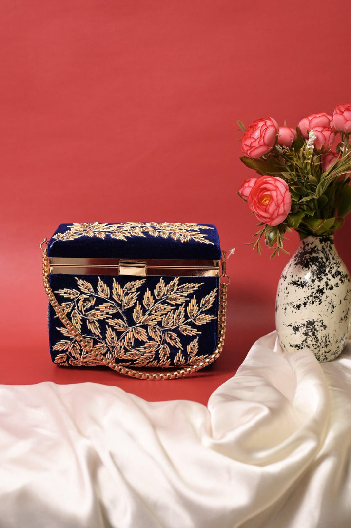 Deep Navy Blue Color Velvet Box Clutch Bag with Hand Zardosi Work