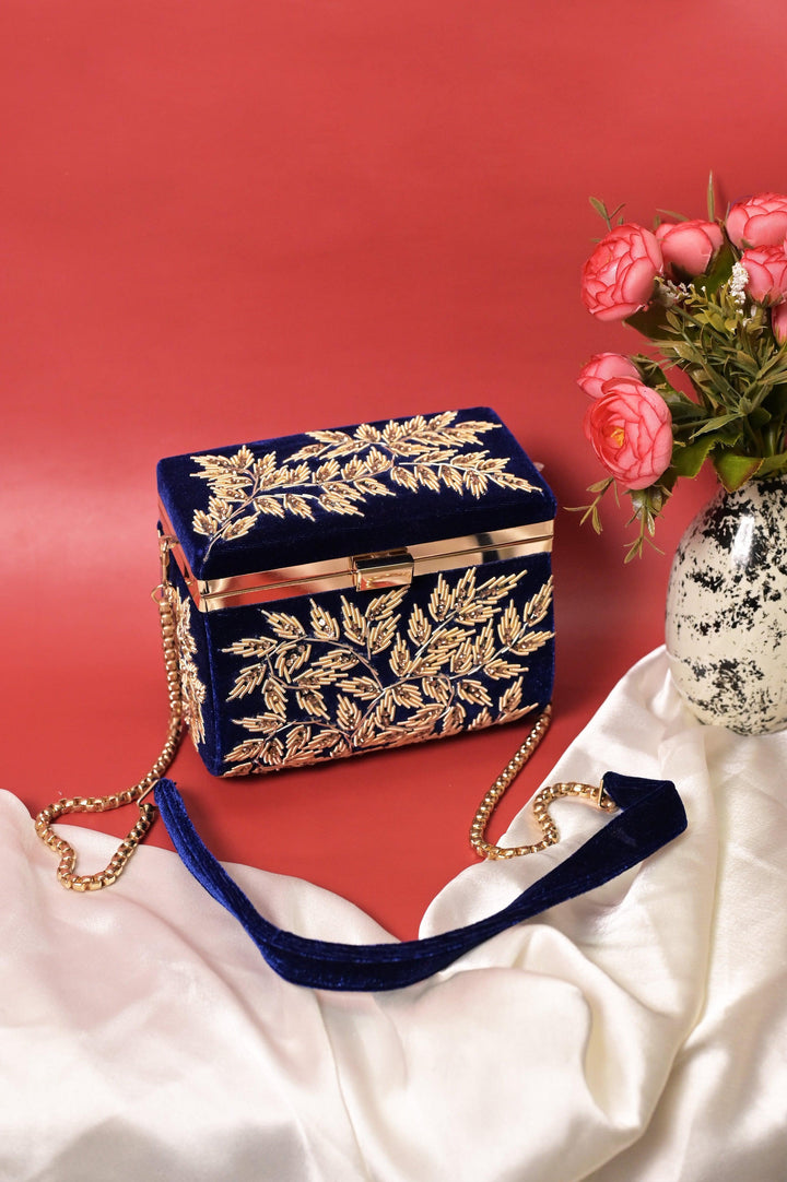 Deep Navy Blue Color Velvet Box Clutch Bag with Hand Zardosi Work