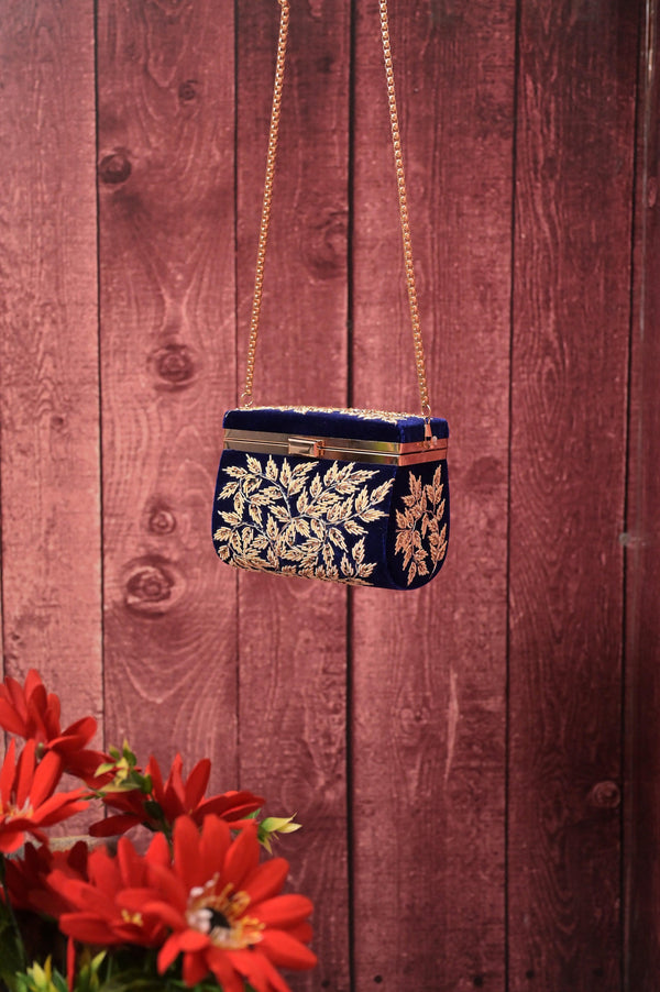 Deep Navy Blue Color Velvet Box Clutch Bag with Hand Zardosi Work