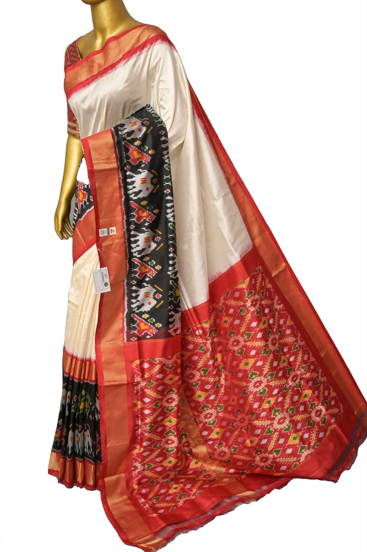 Deep Offwhite Color Ikat Patola Silk Saree with One-Sided Broad Border