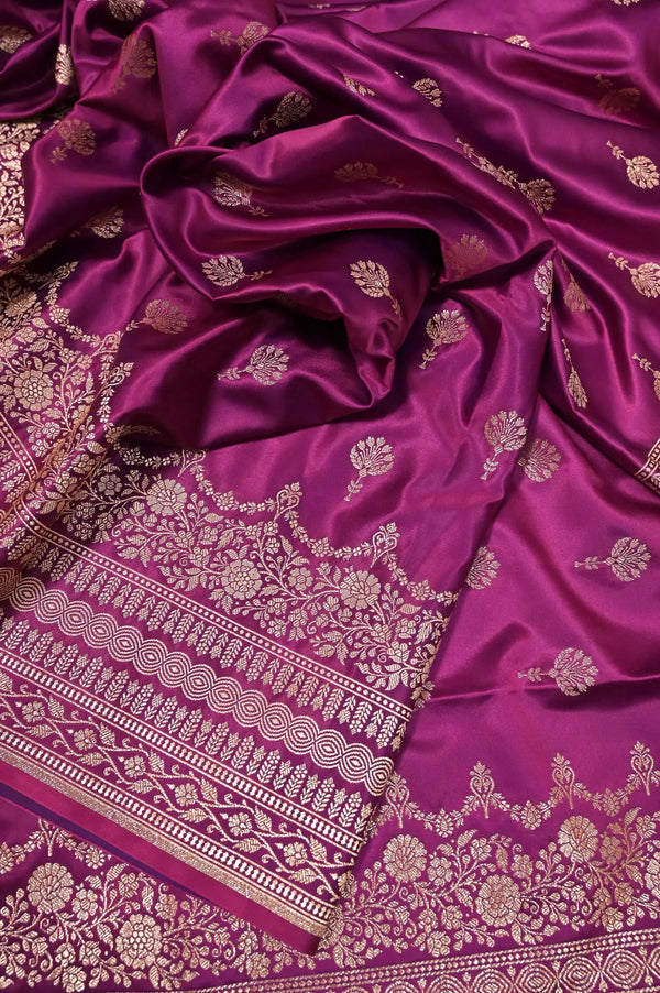 Deep Onion Pink Color Mashru Banarasi Silk Saree with Allover Golden Zari Butta Work
