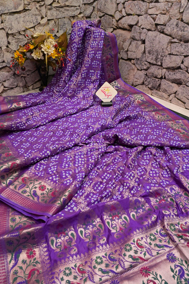 Deep Purple Color Dupion Silk Saree with Hand Bandhani with Paithani Design