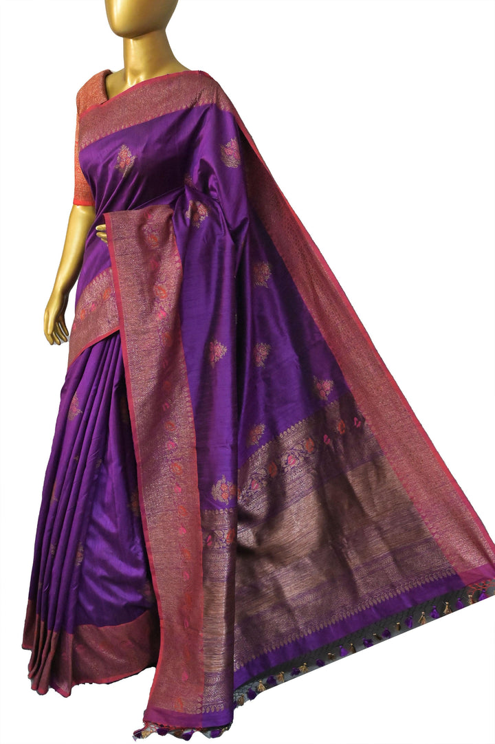 Deep Purple Color Pure Tussar Banarasi with Antique Zari Weaving and Meena Butta