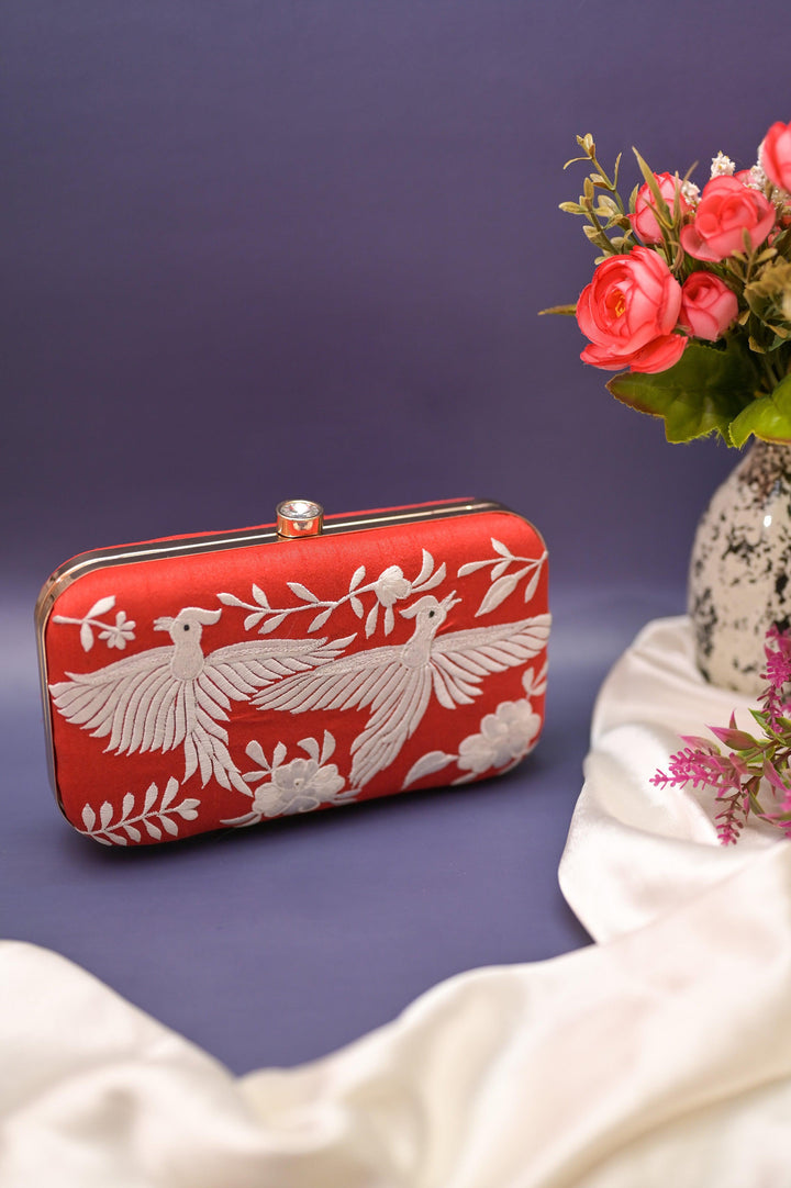 Deep Red Color Clutch Bag with Parsi Gara Hand Embroidery