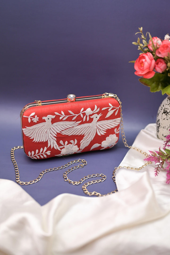Deep Red Color Clutch Bag with Parsi Gara Hand Embroidery