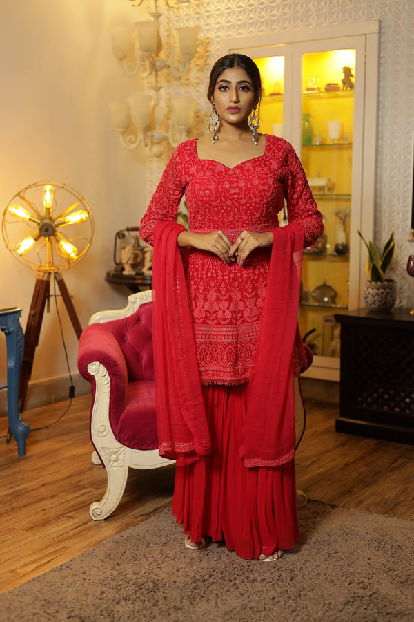 Deep Red Color Georgette Flare Style Sharara Suit Set with Chikankari Work