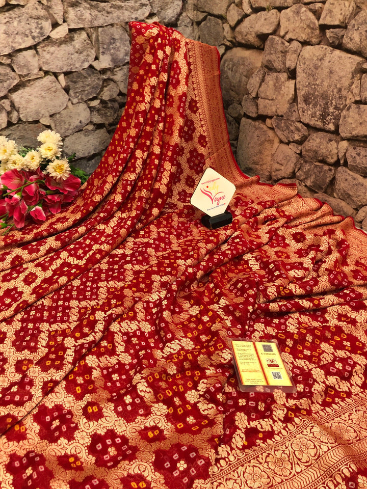 Deep Red Color Khaddi Georgette Banarasi Saree with Hand Bandhani Work
