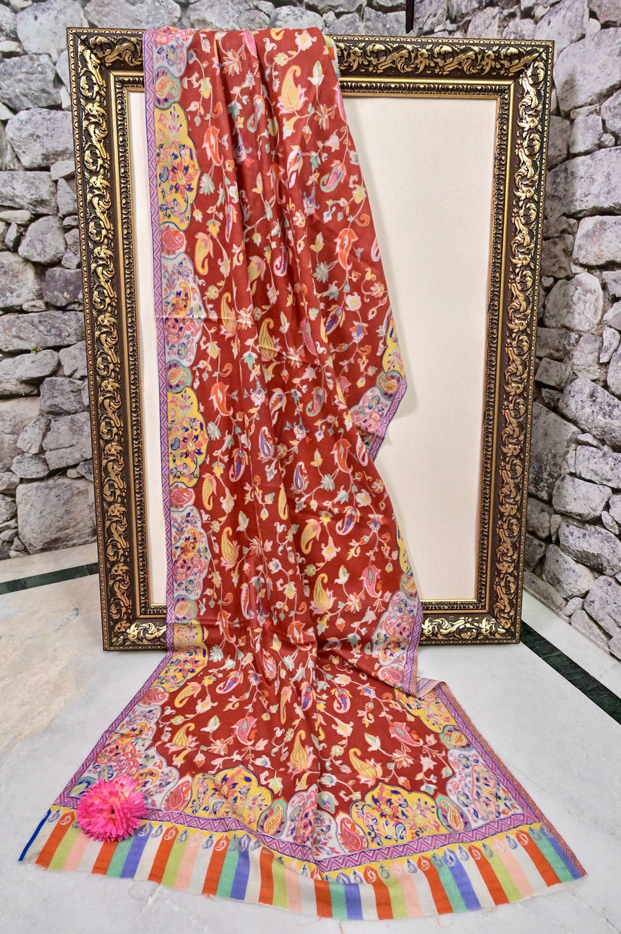 Deep Rust Color Pure Pashmina Shawl with Kalamkari and Ari Work